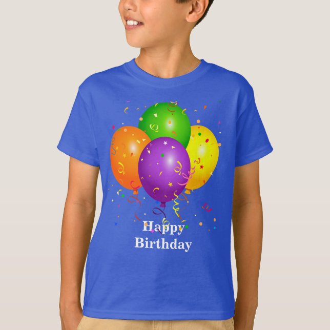 "Happy Birthday," Celebration Balloons T Shirt (Framsida)
