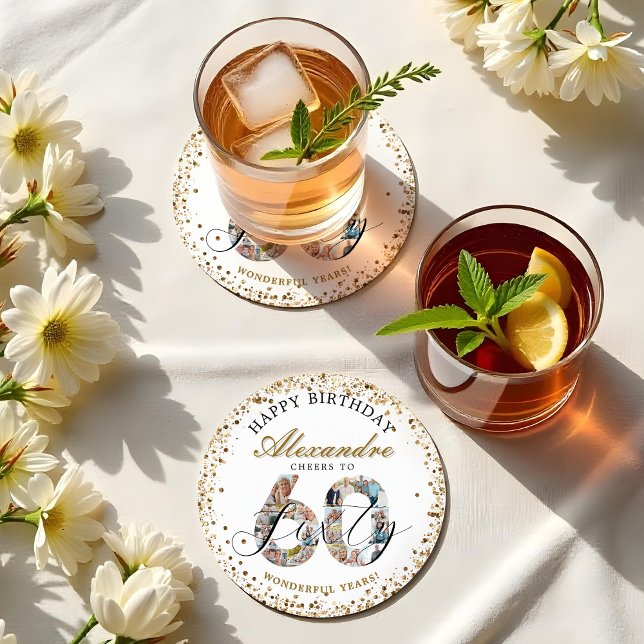  Happy Birthday Cheers To 60 Years Photo Collage Underlägg Papper Rund (Happy Birthday Cheers To 60 Years Photo Collage Round Paper Coaster)