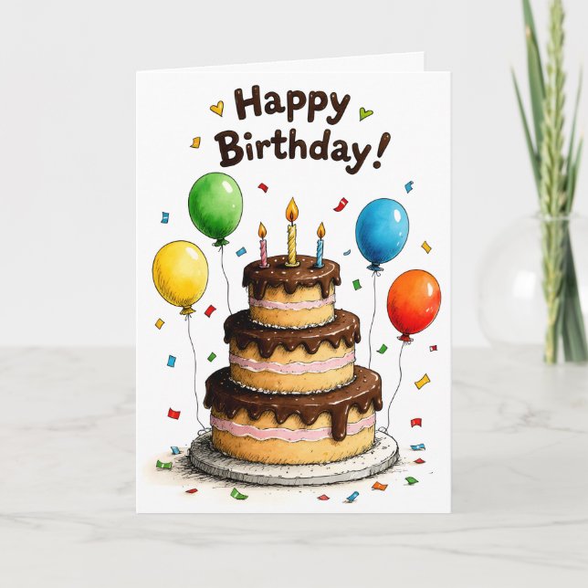 Happy Birthday Chocolate Cake Balloons Kort (Framsida)