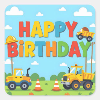 Happy birthday construction builder theme fyrkantigt klistermärke
