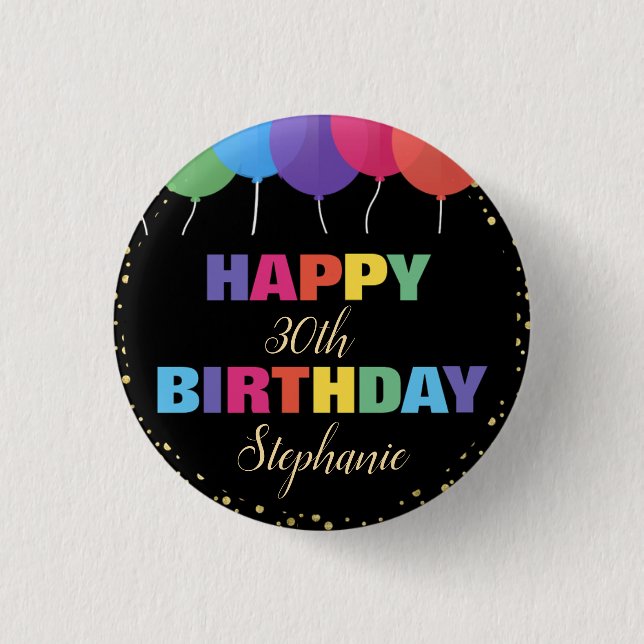 Happy Birthday Custom Year Name Colorful Balloons Knapp (Framsida)
