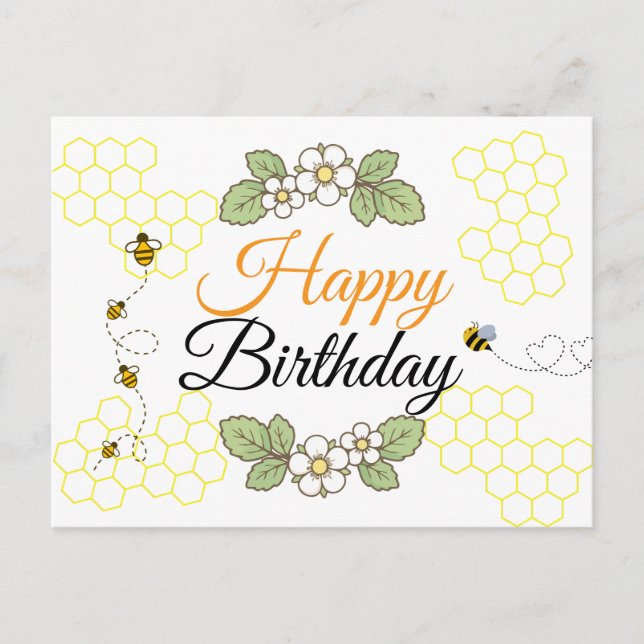 Happy birthday Cute bee Botanical  Helg Vykort (Framsida)