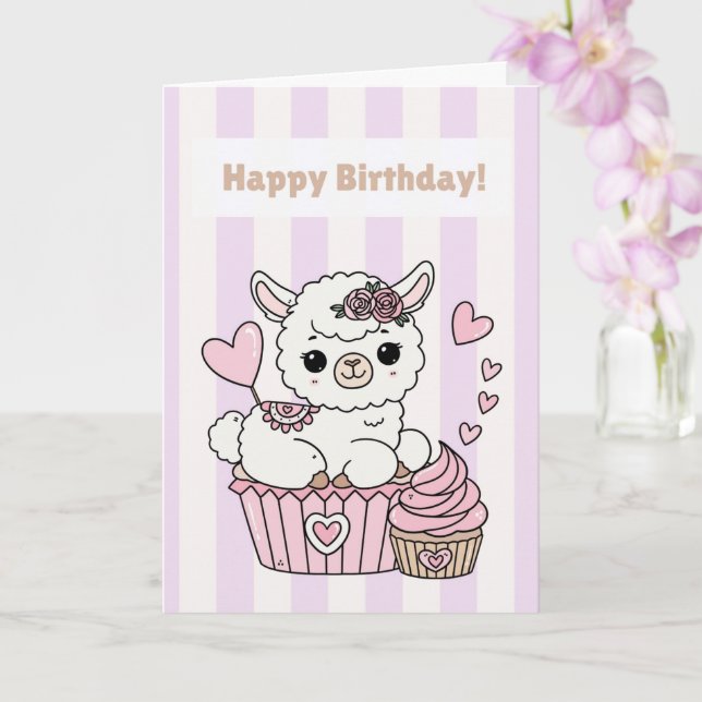 Happy Birthday Cute Llama Girl Card Kort (Orkide)