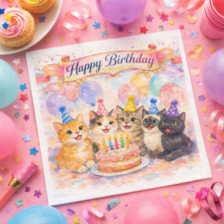  Happy Birthday Cute Party Cats Paper Napkin Pappersservett