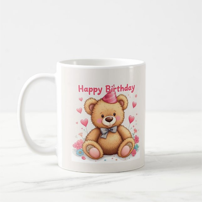 Happy Birthday Cute Teddy Bear with Pink Hearts Kaffemugg (Vänster)