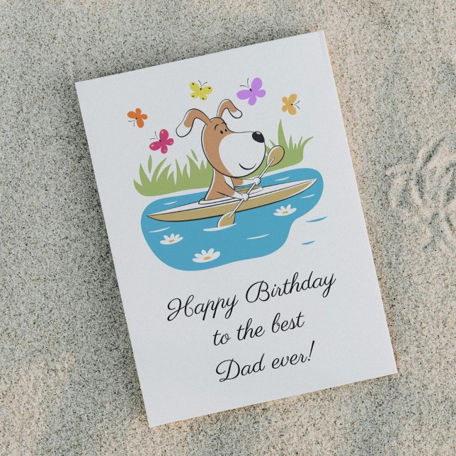 Happy Birthday Dad Dog Puppy Kayak Postcard Vykort (Skapare uppladdad)