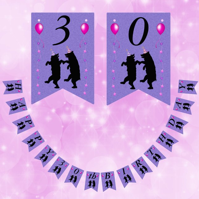 Happy Birthday Dancing Bears Balloons Stars Purple Vimplar (Dancing black bears pink stars balloons party hats on purple Happy Birthday flag banner for parties.)
