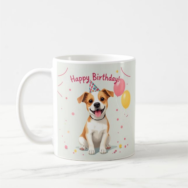 Happy Birthday Dog with Party Hat & Balloons Kaffemugg (Vänster)