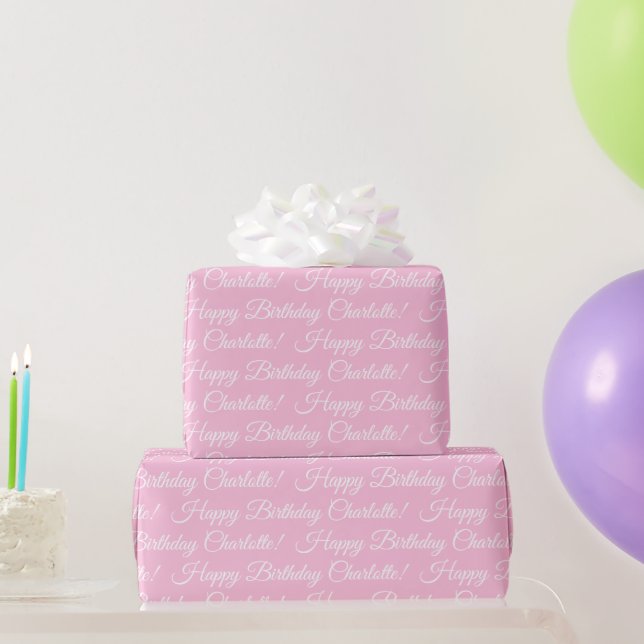 Happy Birthday elegant script custom name pink Presentpapper (Festgåvor)