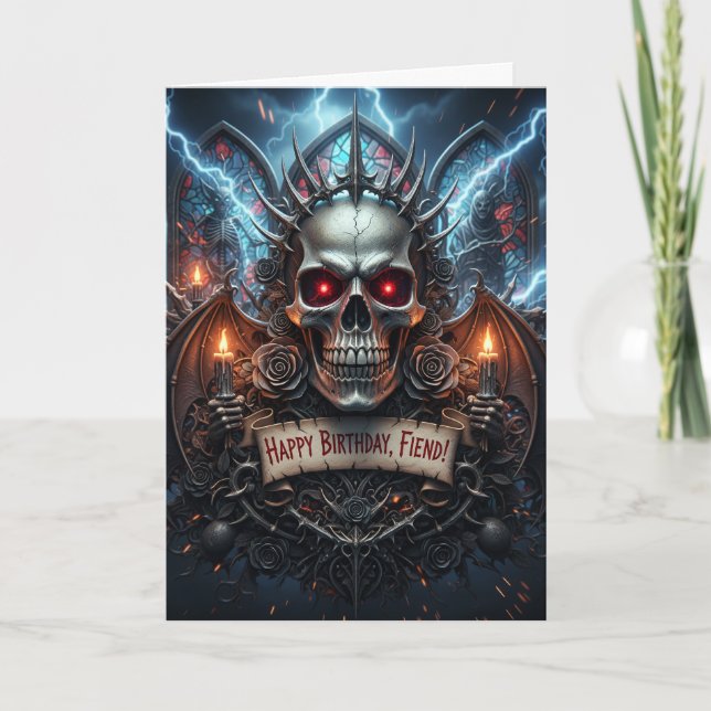 Happy Birthday, Fiend! Gothic Horror Skull Card Kort (Framsida)