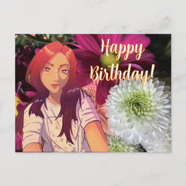 Happy birthday flowers. anime vykort (Framsida)