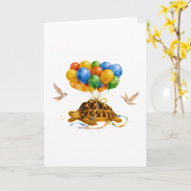 Happy Birthday flying Sulcata turtle with balloons Kort (Gul blomma)