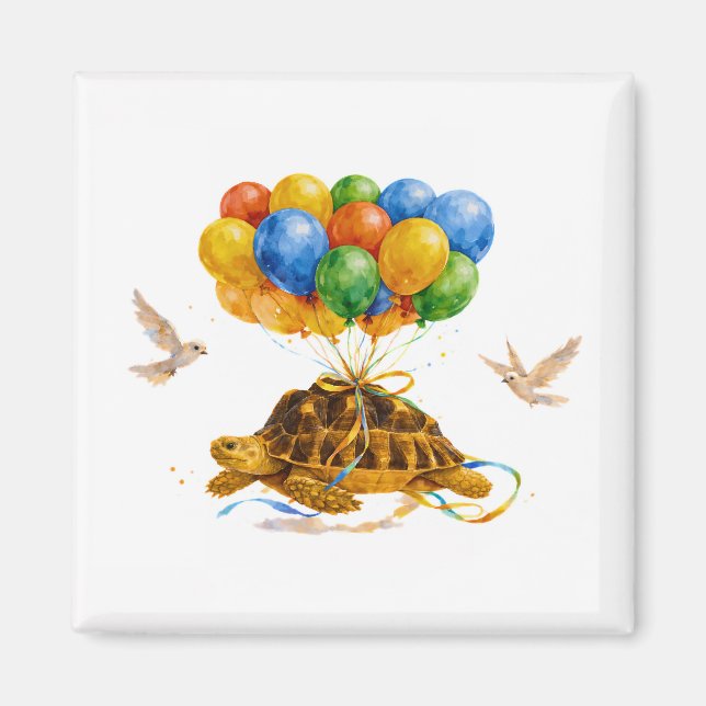 Happy Birthday flying Sulcata turtle with balloons Magnet (Framsidan)