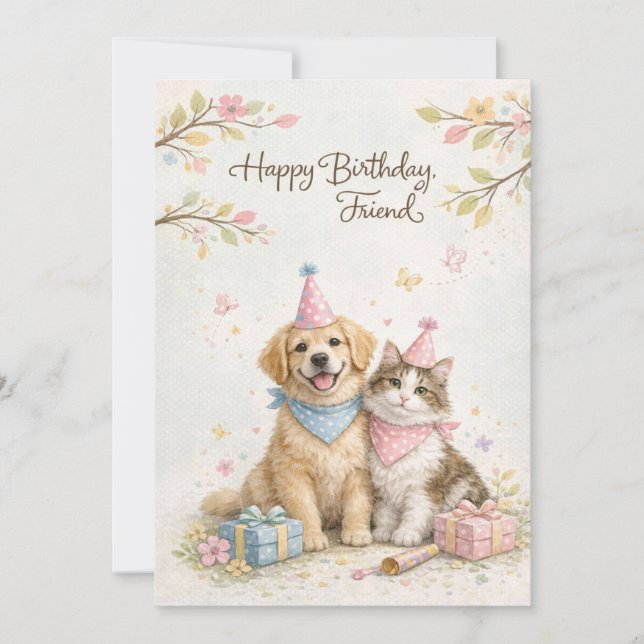 Happy Birthday Friend Card | Cute Cat & Dog Best F Julkort (Framsida)