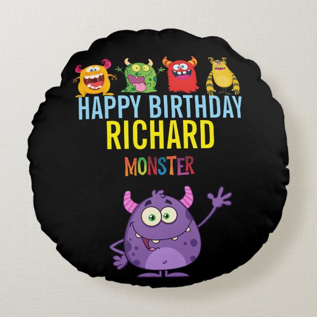 Happy Birthday FUN Monsters kids cute Rund Kudde (Framsidan)