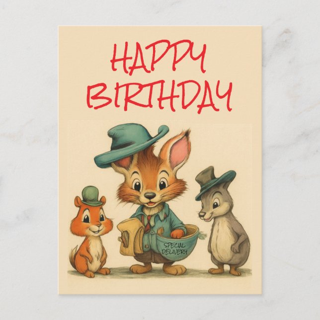 Happy Birthday Funny Cute Cartoon Animal Couriers  Helg Vykort (Framsida)