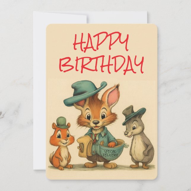 Happy Birthday Funny Cute Cartoon Animal Couriers  Julkort (Framsida)