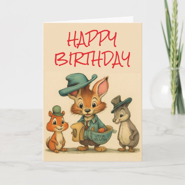 Happy Birthday Funny Cute Cartoon Animal Couriers  Kort (Framsida)