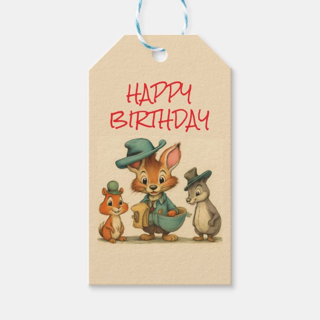 Happy Birthday Funny Cute Cartoon Animal Couriers  Presentetikett (Framsidan)