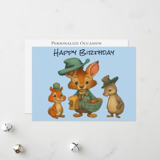 Happy Birthday Funny Cute Cartoon Animal Delivery  Julkort (Fram/Back In Situ)