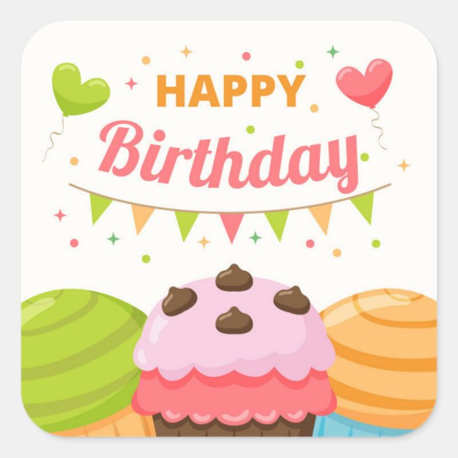 Happy Birthday Fyrkantigt Klistermärke (Framsida)