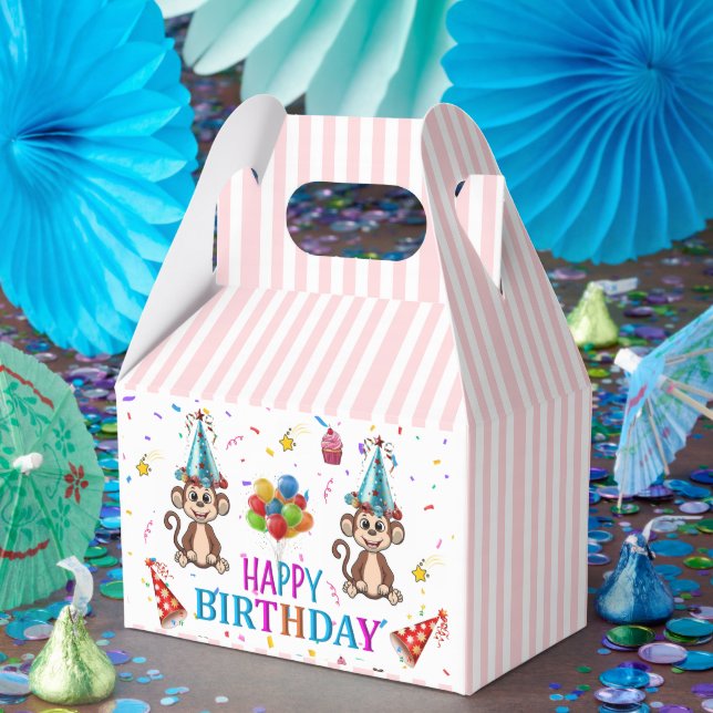 Happy Birthday Gable Favor Box Pink Stripe Monkeys Presentaskar (Part)