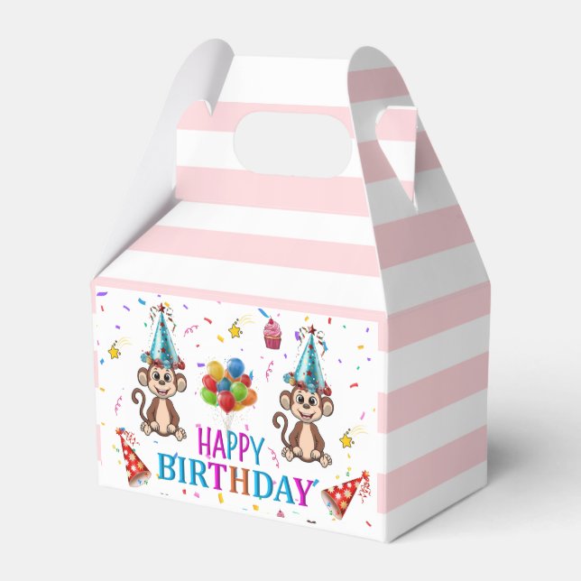 Happy Birthday Gable Favor Box Pink Stripe Monkeys Presentaskar (Framsidan Sidan)