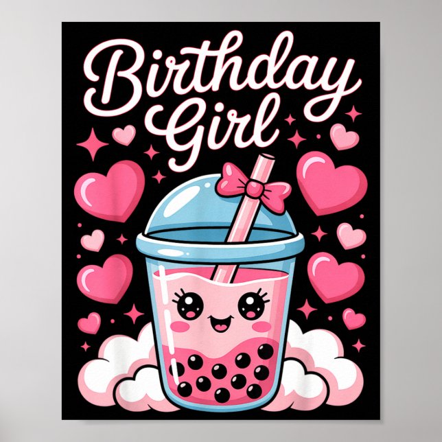 Happy Birthday Girl Cute Nk Bow Bubble Boba Tea An Poster (Framsidan)