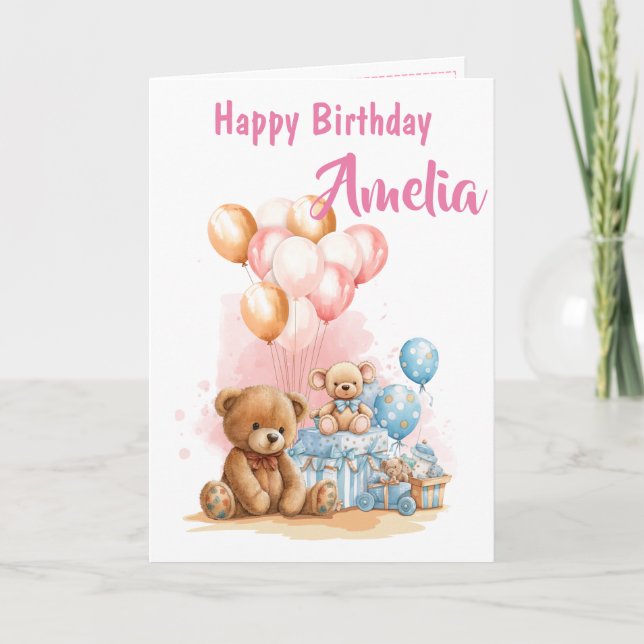 Happy Birthday Girl Watercolor Toys Card Kort (Framsida)