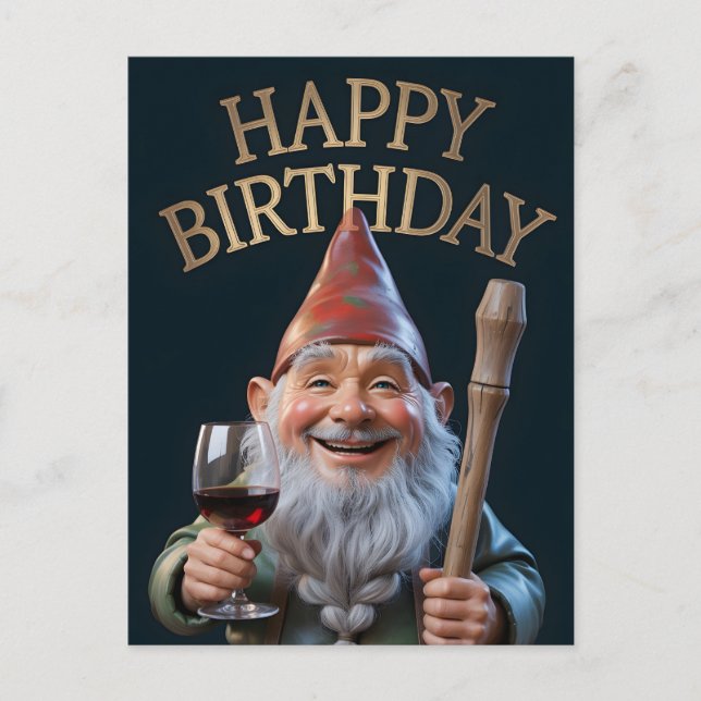 "Happy Birthday" Gnome Toasting with Red Wine Vykort (Framsida)