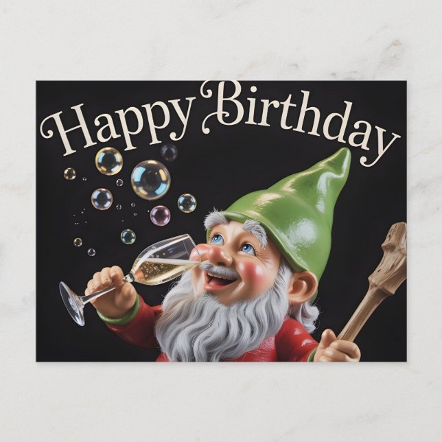 "Happy Birthday" Gnome with Champagne and Bubbles Vykort (Framsida)