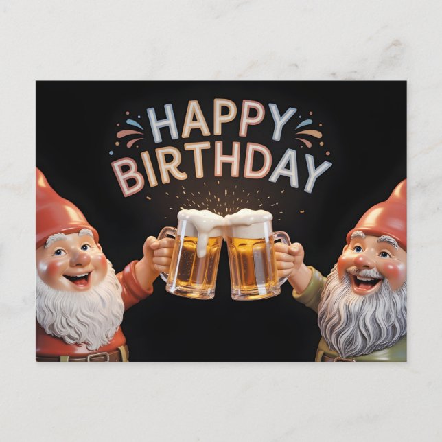 "Happy Birthday" Gnomes Toasting Beer Mugs Vykort (Framsida)