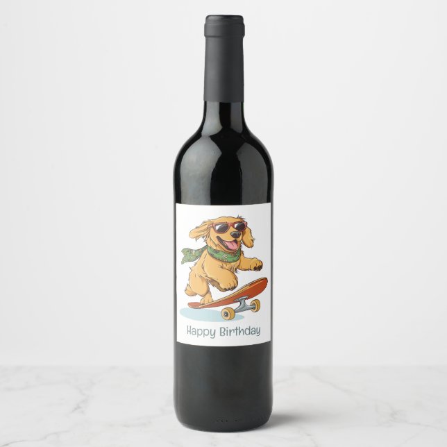 Happy Birthday Golden Retriever Dog Skateboarding Vinflaska Etikett (Framsida)