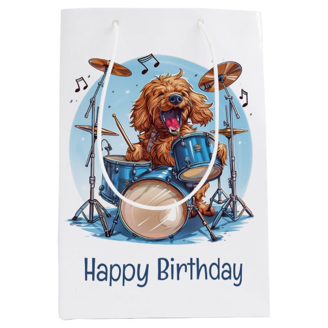 Happy Birthday Goldendoodle Dog Playing Drums (Framsidan)
