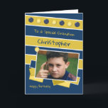 Happy Birthday Grandson navy and gold photo Kort<br><div class="desc">Personalize this Birthday Card for your Grandson
Designed in navy and gold
Add his name 
Happy Birthday
To a special Grandson
Have a great day</div>