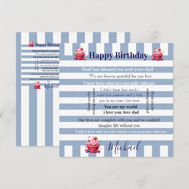 Happy Birthday Invitation Blue & White Stripe  Inbjudningar (Fram/baksida)