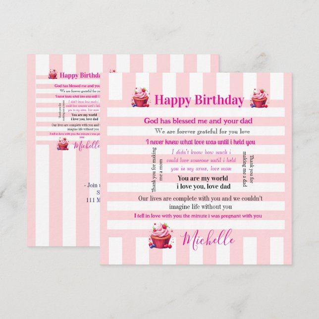 Happy Birthday Invitation Pink & White Stripe Inbjudningar (Fram/baksida)