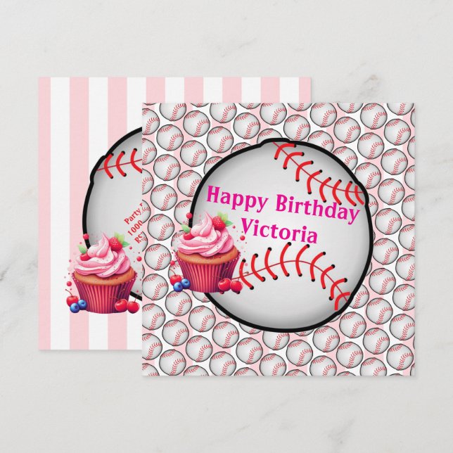 Happy Birthday Invitation Stripe Pink Baseball Inbjudningar (Fram/baksida)