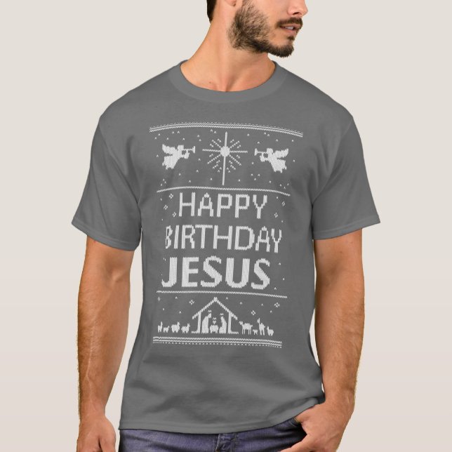 Happy Birthday Jesus Ugly Christmas Sweater Scandi T Shirt (Framsida)