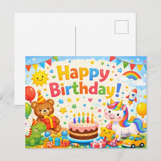 Happy Birthday Kids Colorful Postcard Vykort (Fram/baksida)