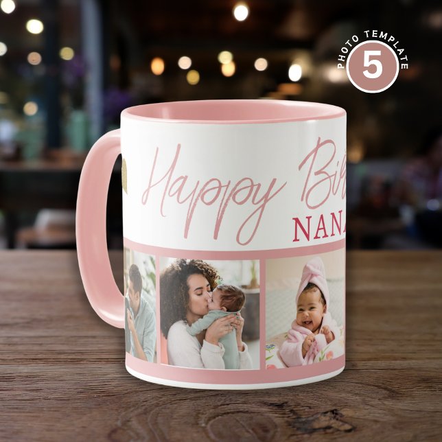 Happy Birthday Nana 5 Photo Collage Pink Mugg (Skapare uppladdad)