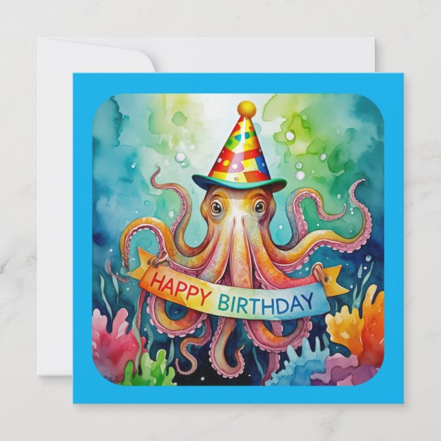 Happy Birthday Octopus Party Hat Watercolor Design Kort (Framsida)