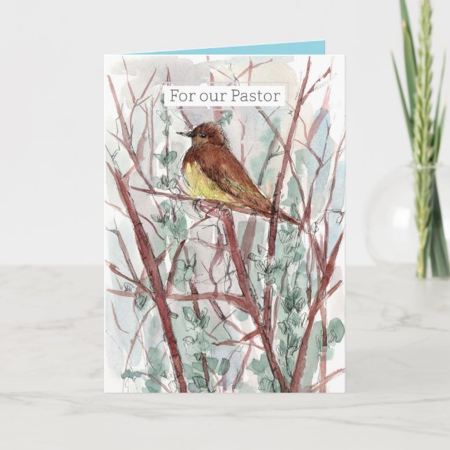 Happy Birthday Pastor Bird Trees Watercolor Kort (Framsida)