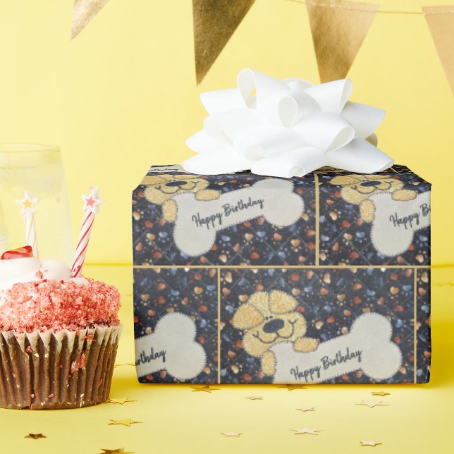 Happy Birthday Quilt Dog With a Bone Presentpapper (Födelsedagsfest)