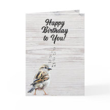 Happy Birthday Singing Bird Rustic Wood Grain 