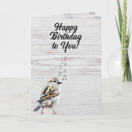 Happy Birthday Singing Bird Rustic Wood Grain  Kort