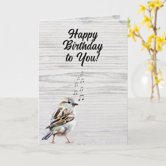 Happy Birthday Singing Bird Rustic Wood Grain  Kort (Gul blomma)