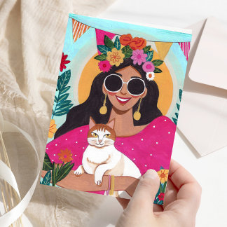 Happy Birthday Stylish Woman with Cat Floral Card Kort