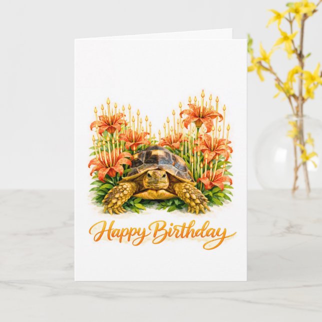 Happy Birthday Sulcata turtle with Orange Lilies Kort (Gul blomma)