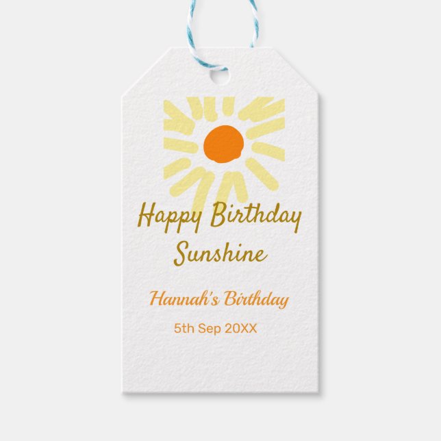 Happy birthday sunshine yellow orange birthday boh presentetikett (Framsidan)